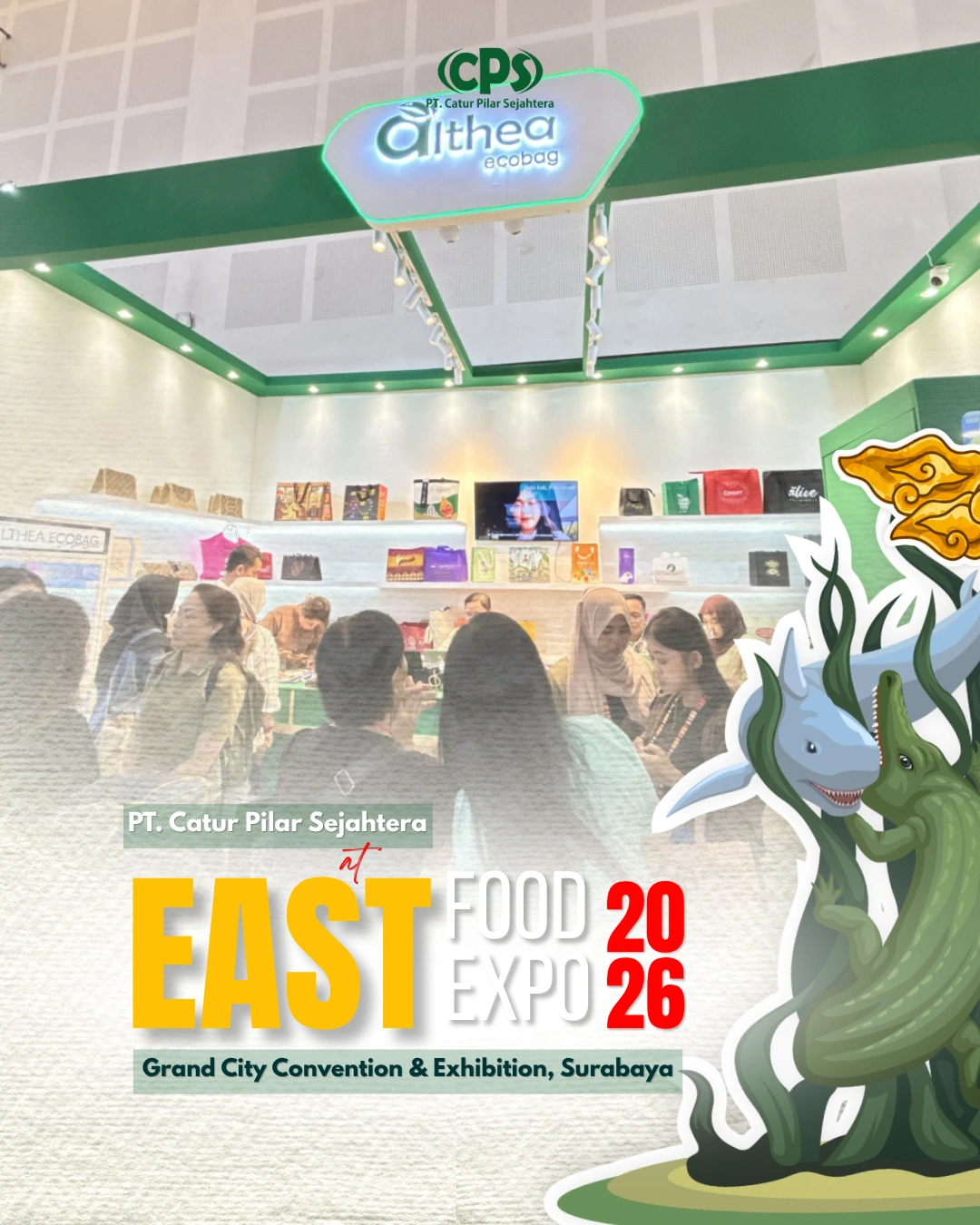 Booth Althea Ecobag by PT Catur Pilar Sejahtera ramai dikunjungi selama East Food Expo 2026 di Grand City Surabaya.