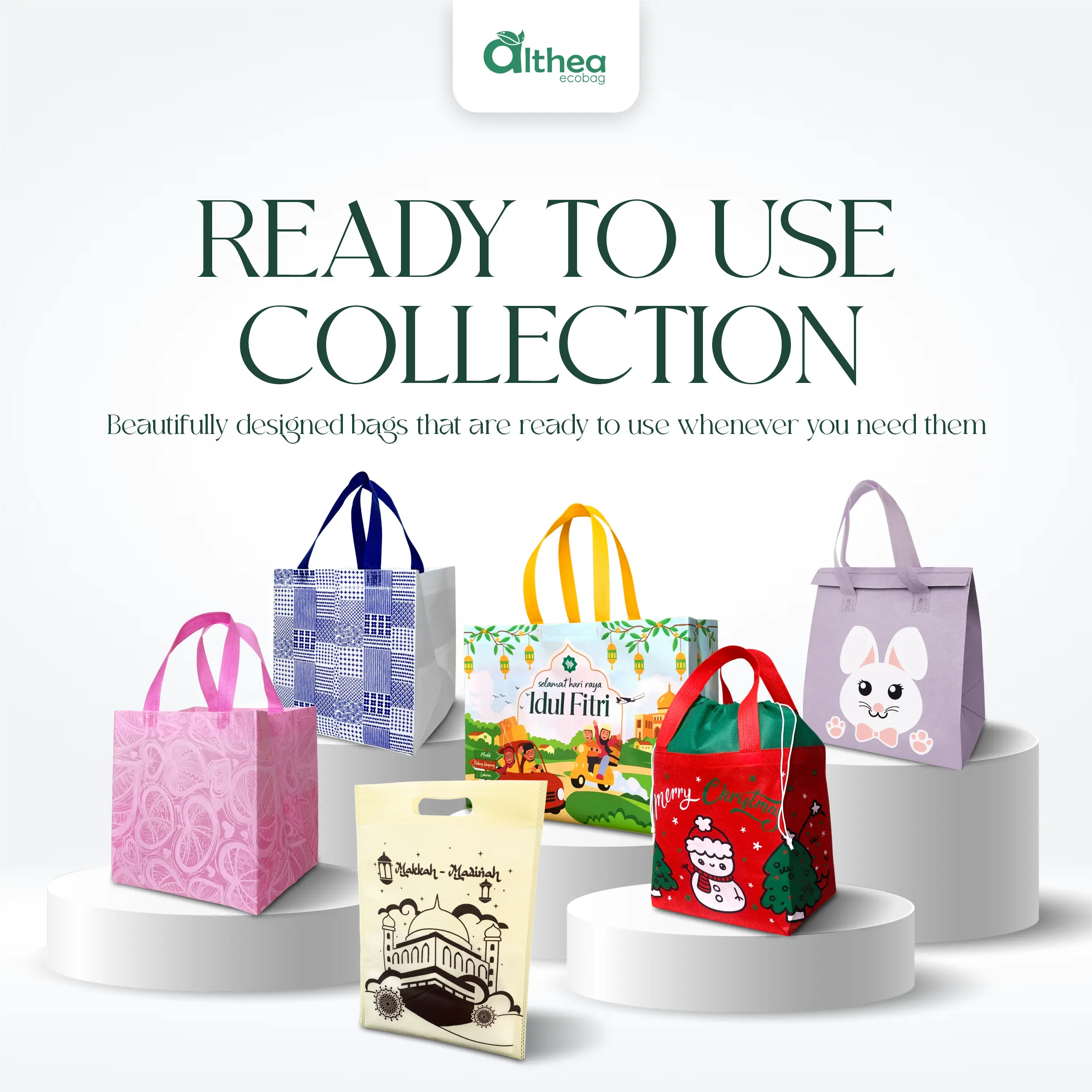 Berbagai koleksi tas Ready to Use Althea Ecobag dengan pilihan motif untuk hampers, souvenir, dan acara.