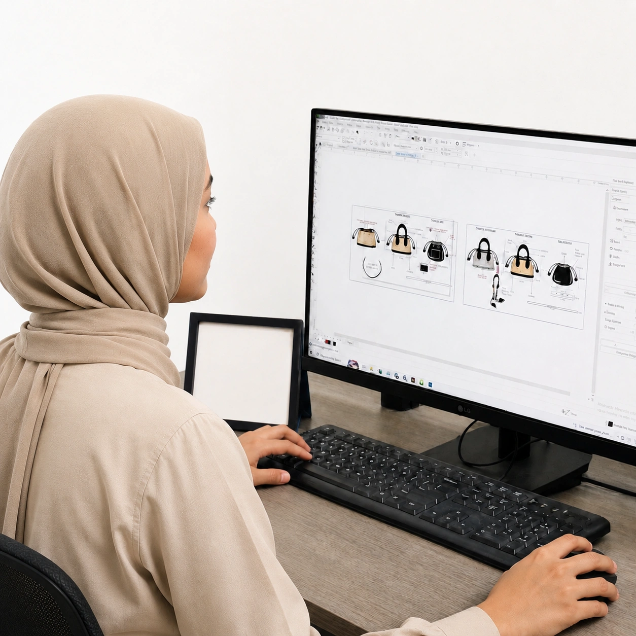 Tim desain Althea Ecobag Bandung sedang membuat layout dan spesifikasi tas sesuai kebutuhan pelanggan.