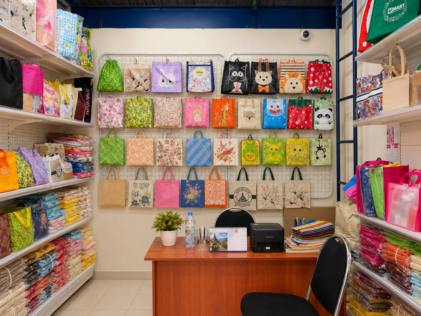 Display beragam koleksi tas spunbond, tas motif, goodie bag, dan tas kemasan tersedia di showroom Althea Ecobag Jakarta.
