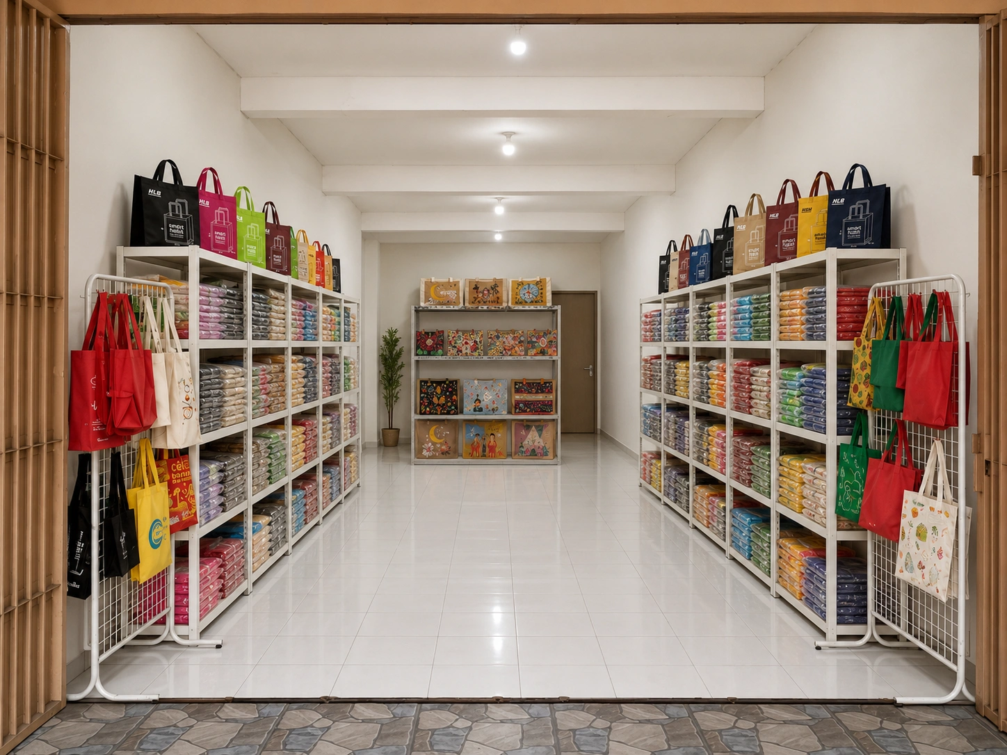 Tampilan interior showroom Althea Ecobag Makassar dengan rak tas spunbond, tas motif, dan goodie bag yang tertata rapi.