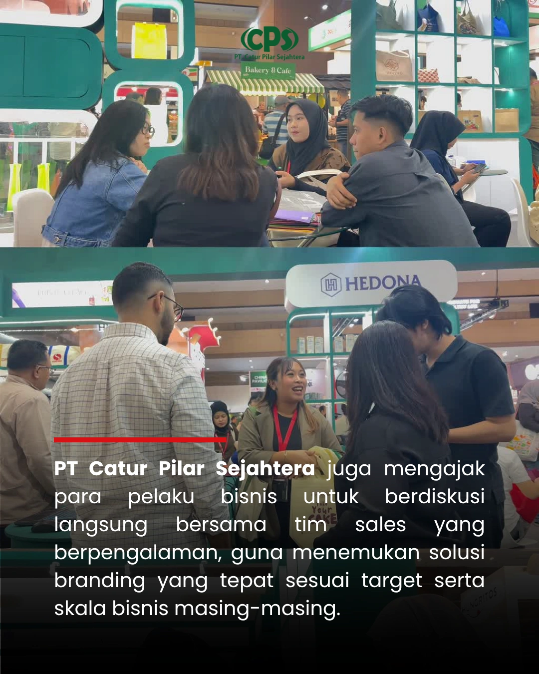 Tim sales PT Catur Pilar Sejahtera berdiskusi dengan pengunjung mengenai solusi packaging branding sesuai target dan skala bisnis di FHI 2026.