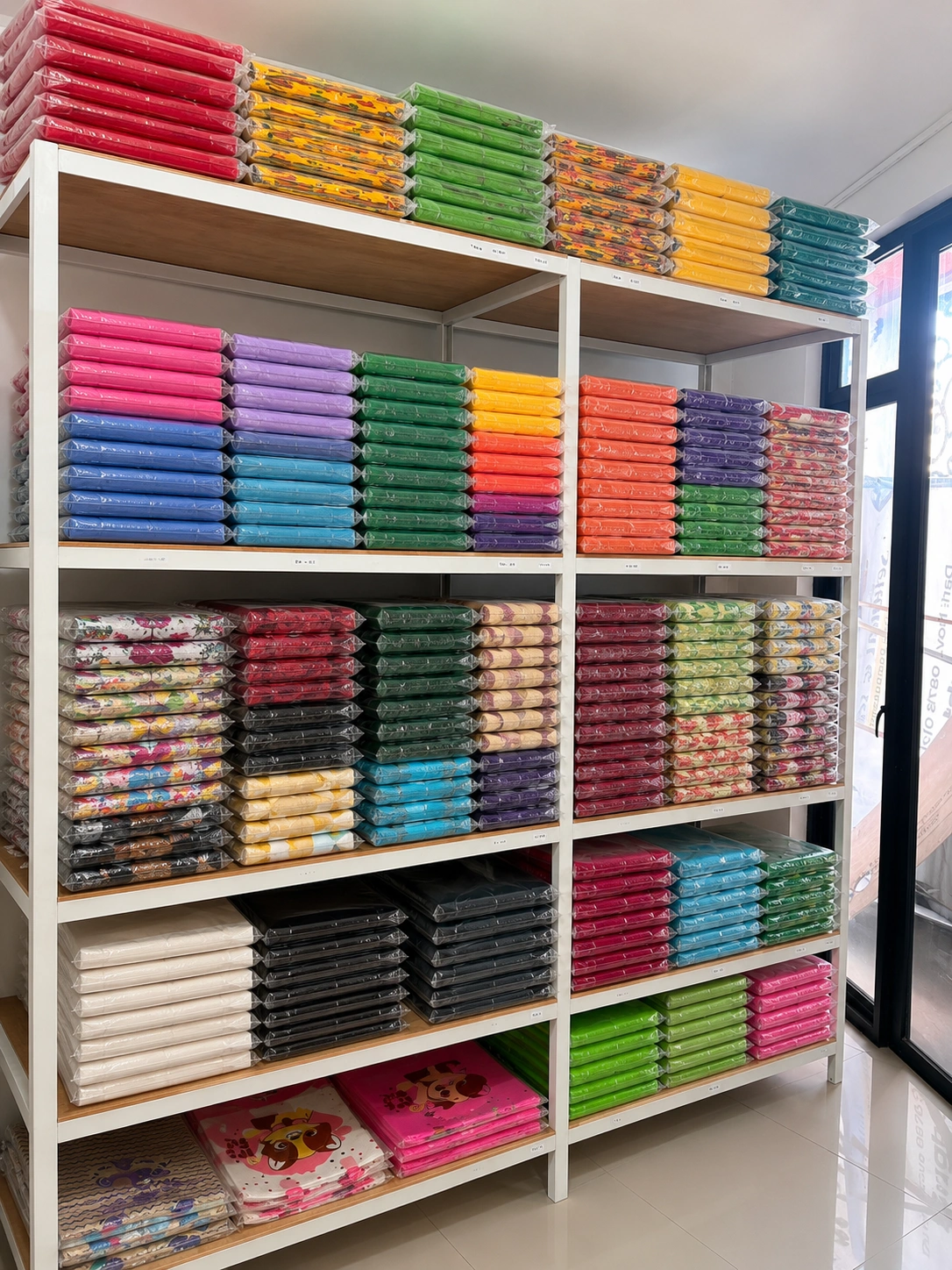 Rak stok tas spunbond dan tas motif dalam berbagai pilihan warna yang tersedia di showroom Althea Ecobag Bali.