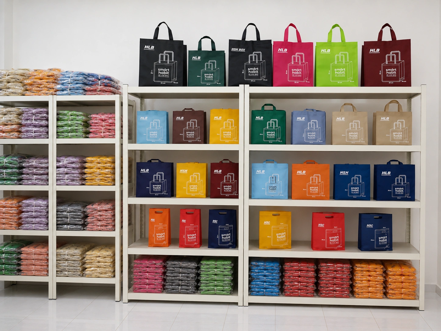 Display tas spunbond polos dan siap cetak dalam berbagai warna dan ukuran di showroom Althea Ecobag Makassar.