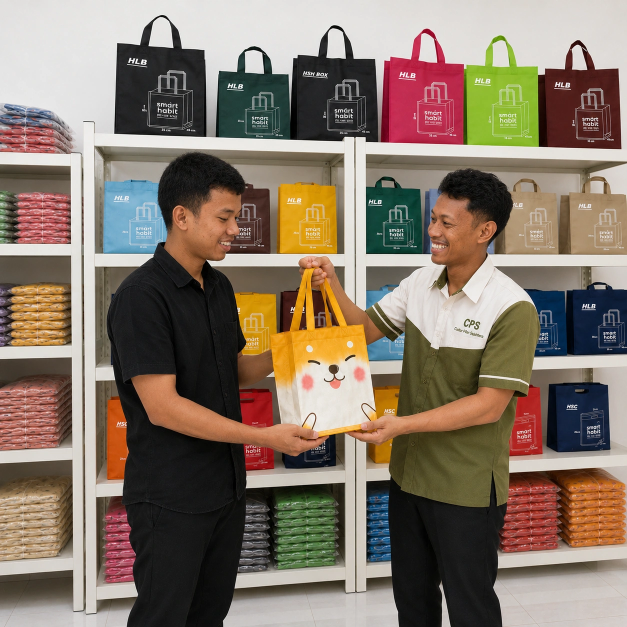 Pelanggan menerima pesanan tas spunbond dari tim Althea Ecobag Makassar di area showroom.