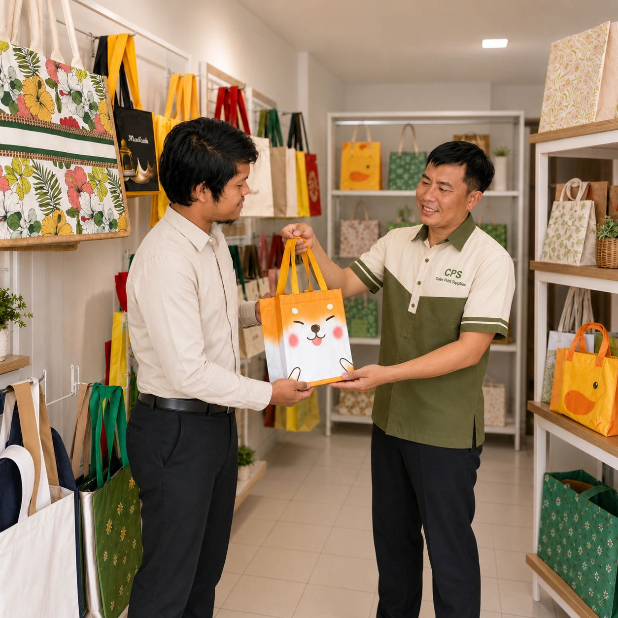 Pelanggan mengambil pesanan tas spunbond di showroom Althea Ecobag Semarang dengan pelayanan langsung.