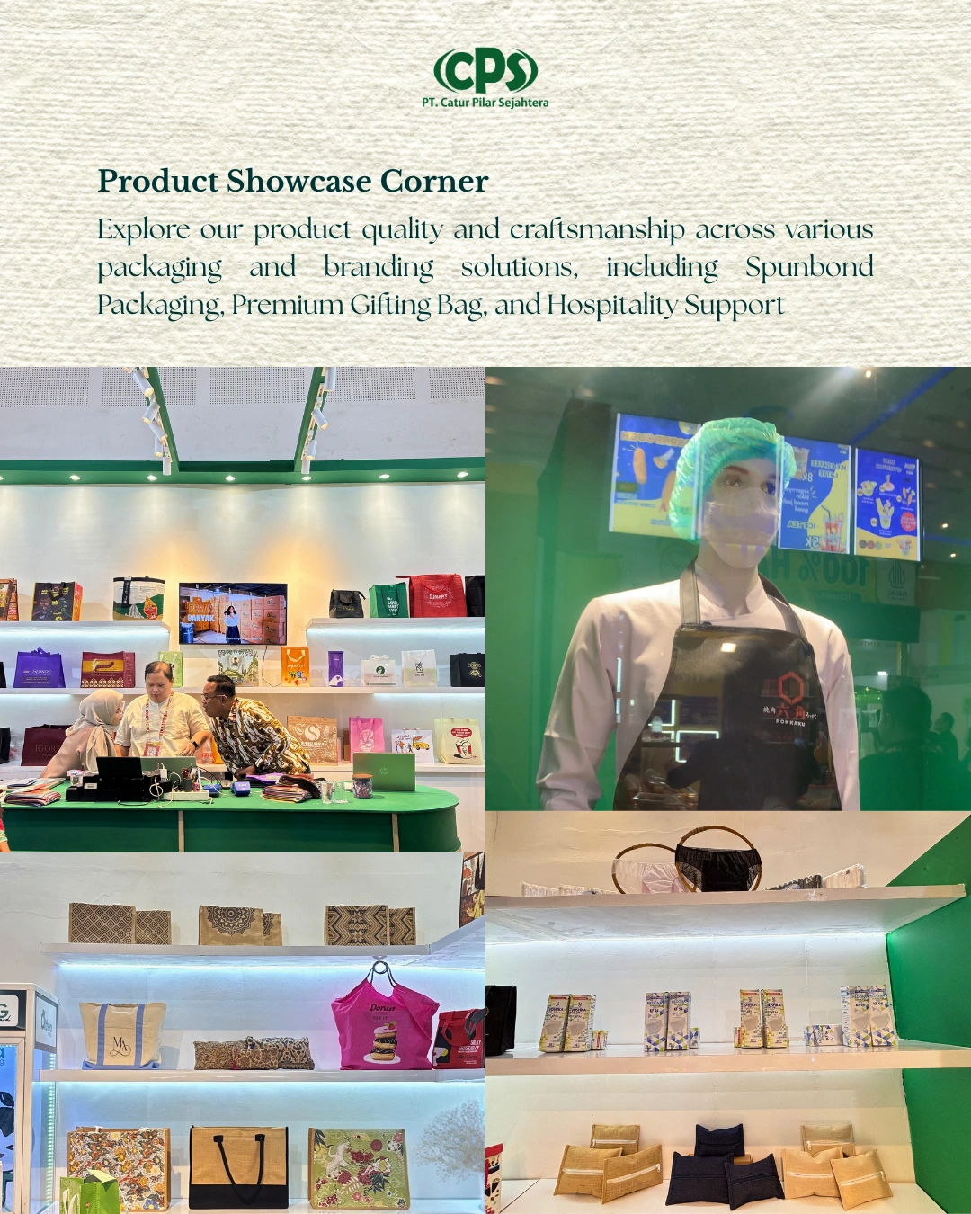 Area product showcase Althea Ecobag menampilkan tas spunbond, premium gifting bag, dan produk pendukung hospitality di East Food Expo 2026.