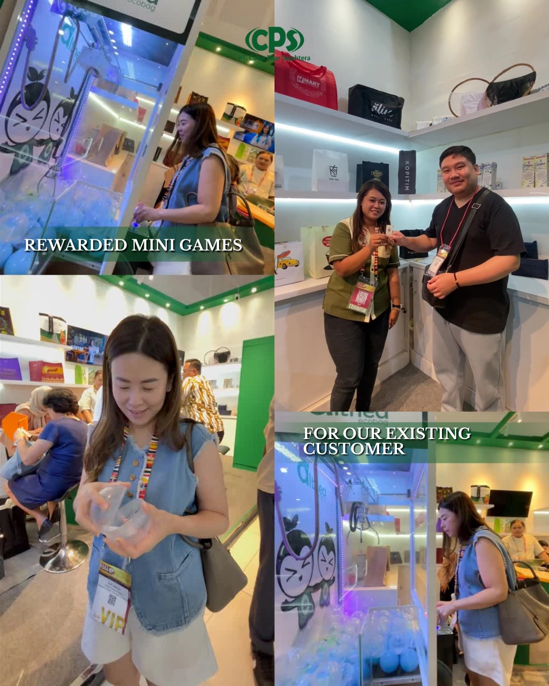 Pengunjung mengikuti mini games berhadiah dan menerima hadiah di booth Althea Ecobag selama East Food Expo 2026.