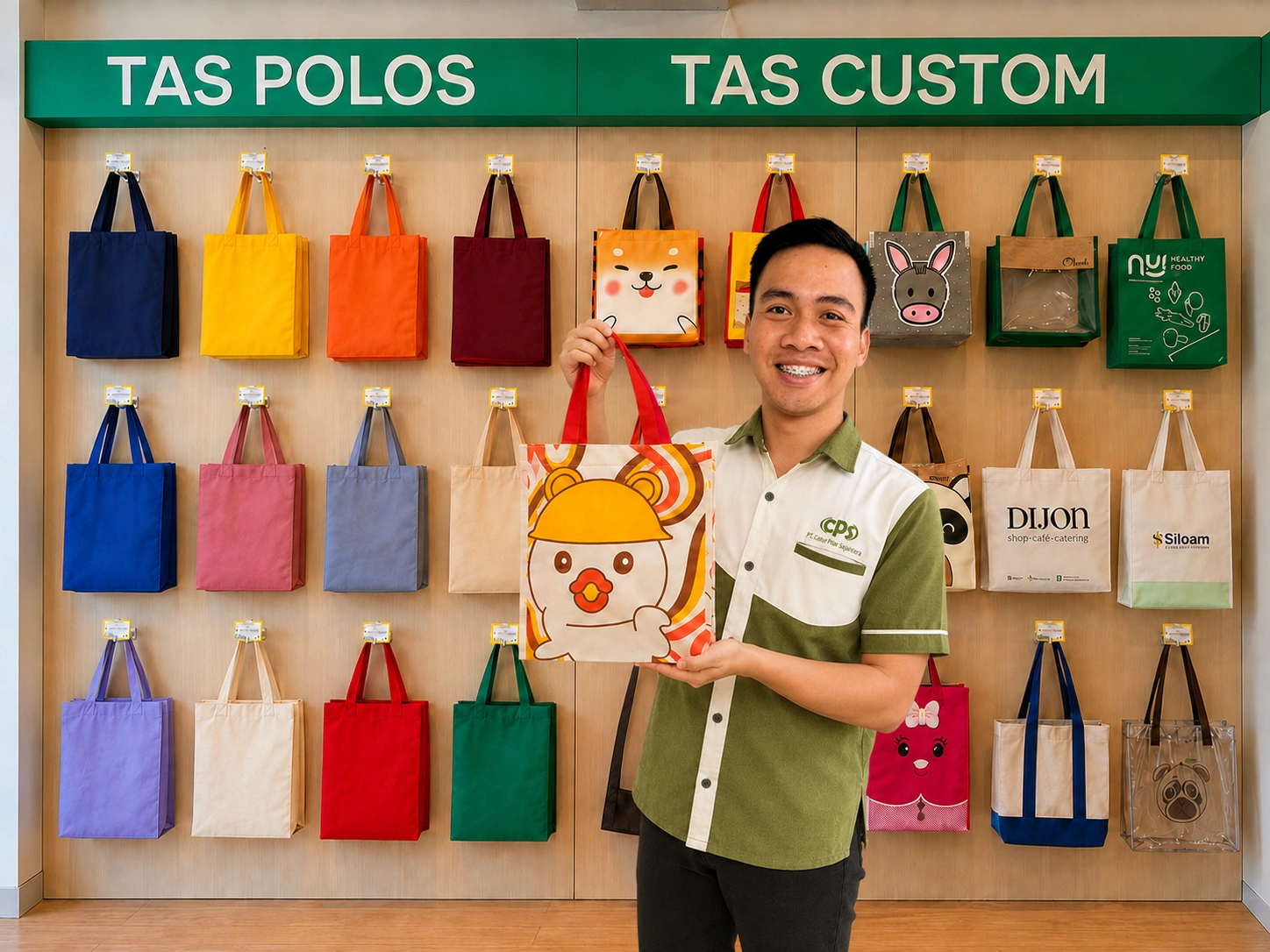 Tim Althea Ecobag Bali menunjukkan contoh tas custom kepada pelanggan di depan display produk showroom.