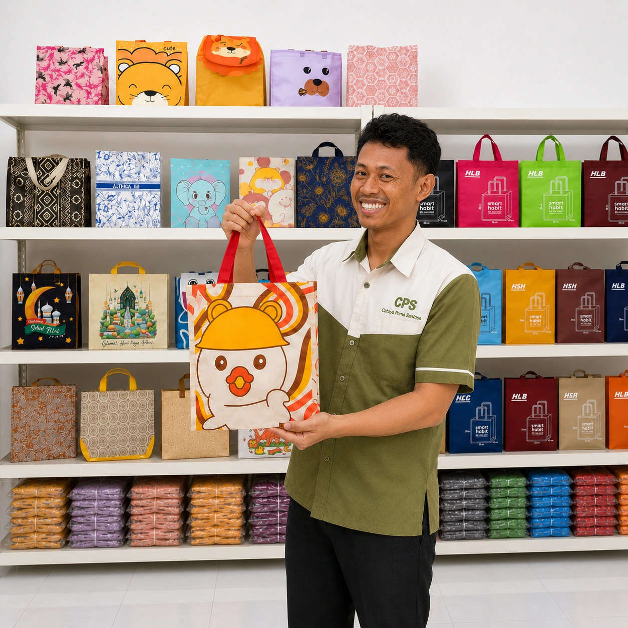 Tim Althea Ecobag Makassar menunjukkan contoh tas custom kepada pelanggan di area showroom.