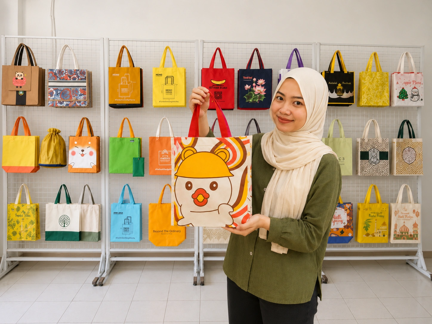 Tim Althea Ecobag Semarang membantu pelanggan memilih bahan, warna, dan model tas sesuai kebutuhan.