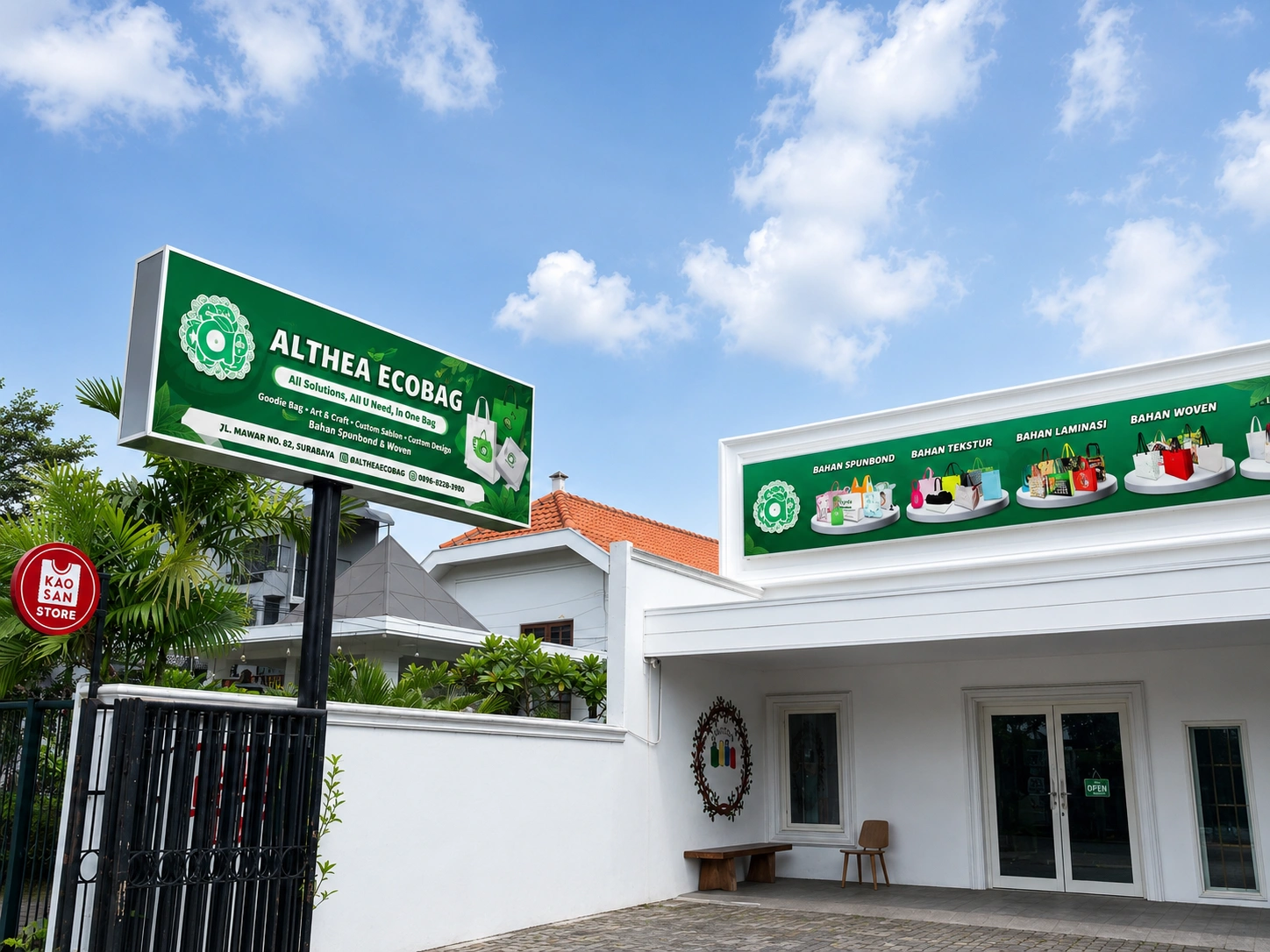 Tampak depan showroom dan kantor Althea Ecobag Surabaya sebagai pusat produksi dan penjualan tas ramah lingkungan.