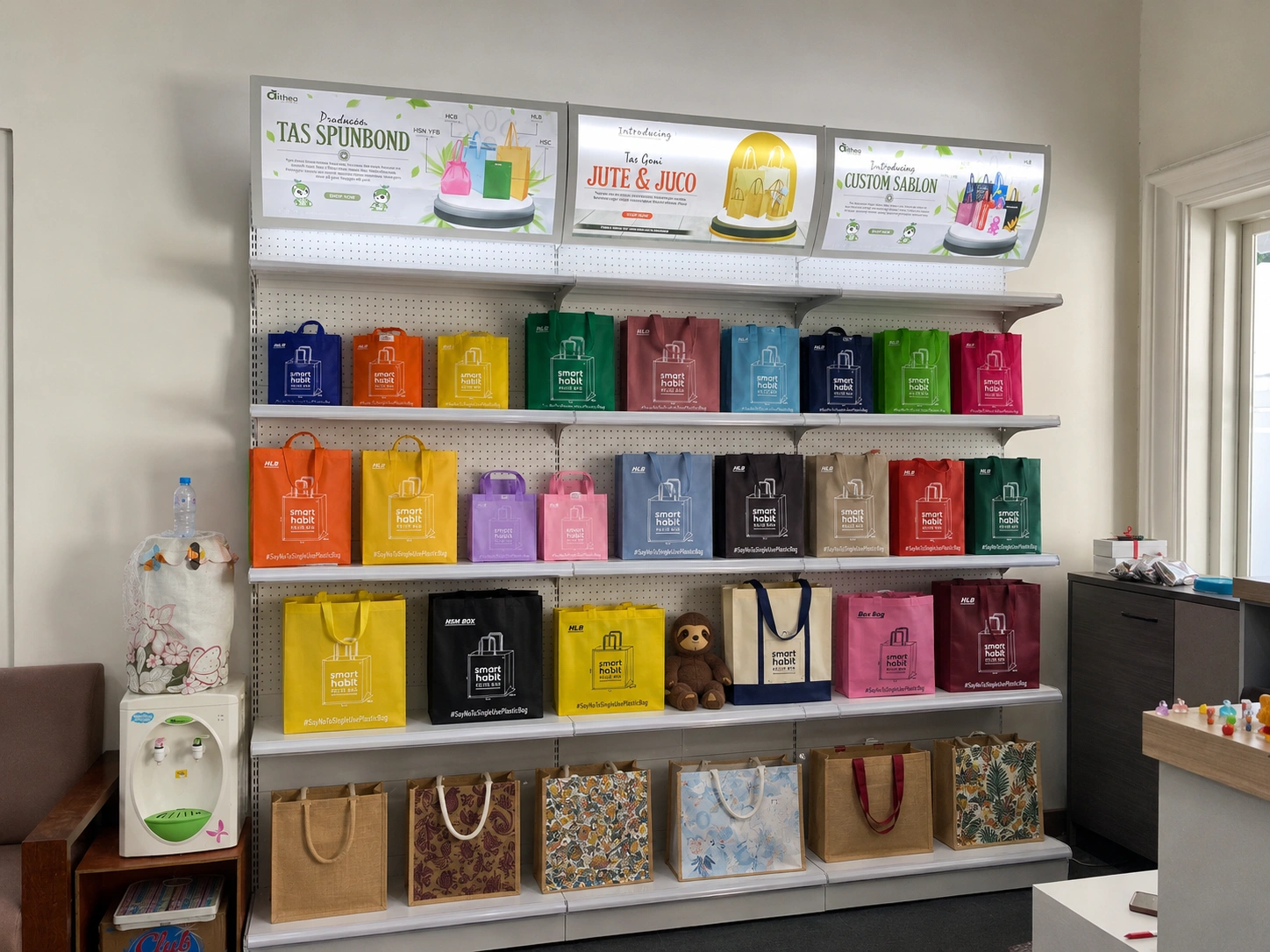 Display berbagai produk tas spunbond, goodie bag, dan tas custom di showroom Althea Ecobag Surabaya.