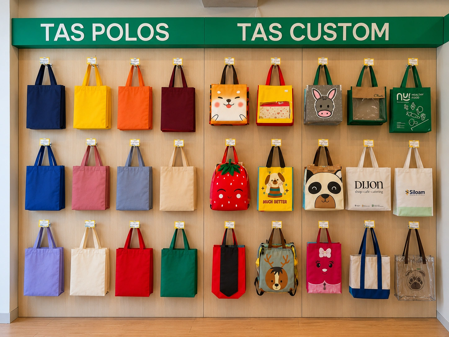 Display tas spunbond polos dan tas custom dalam berbagai model, warna, dan desain di showroom Althea Ecobag Bali.