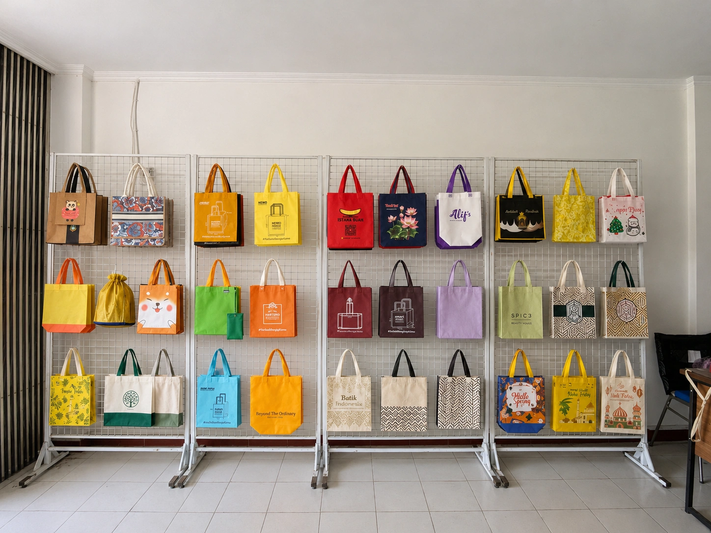 Beragam koleksi tas spunbond, tas motif, goodie bag, dan tas kemasan tersedia di showroom Althea Ecobag Semarang.
