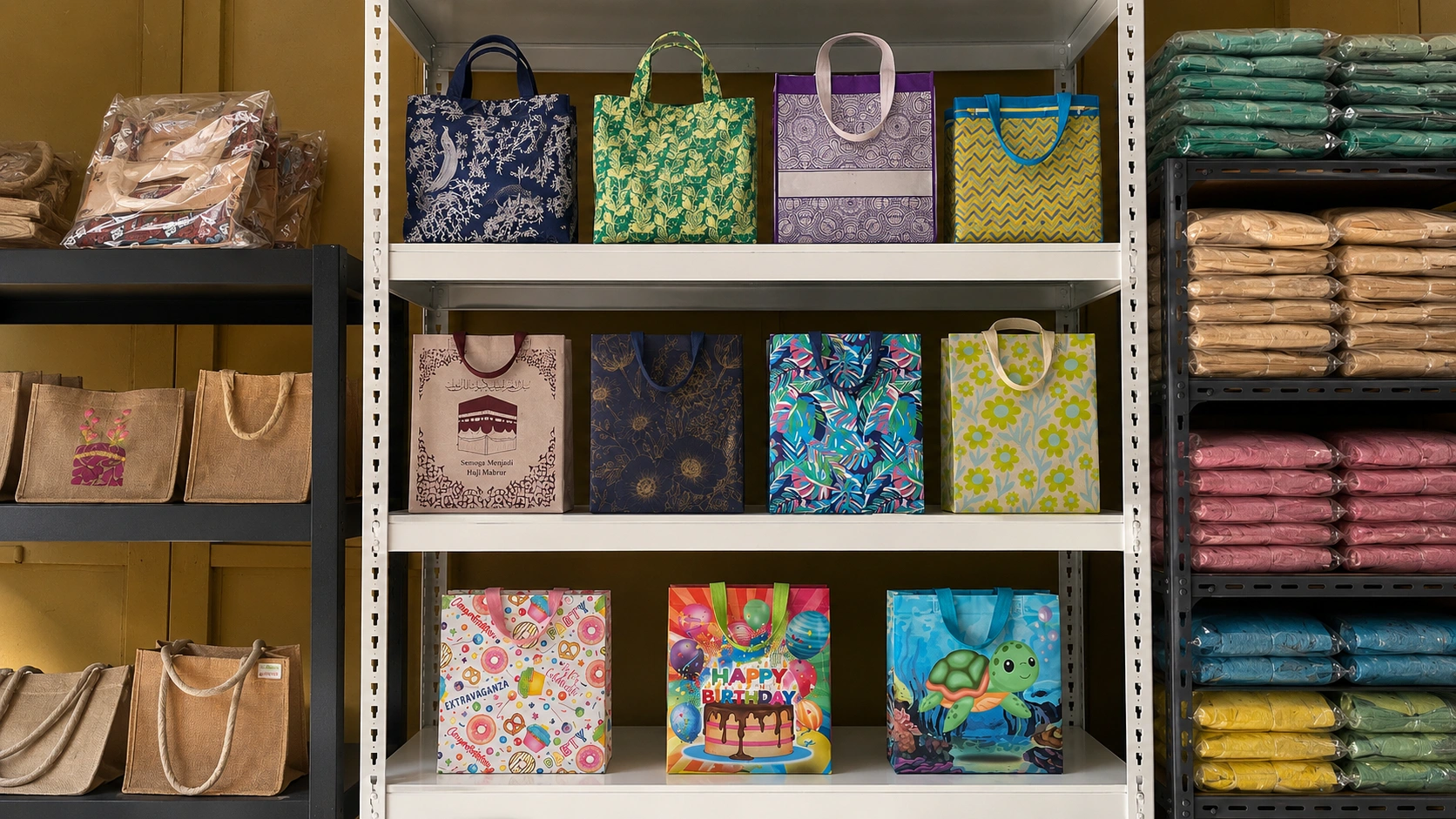 Beragam koleksi tas spunbond, tas motif, goodie bag, dan tas kemasan tersedia di showroom Althea Ecobag Bandung.