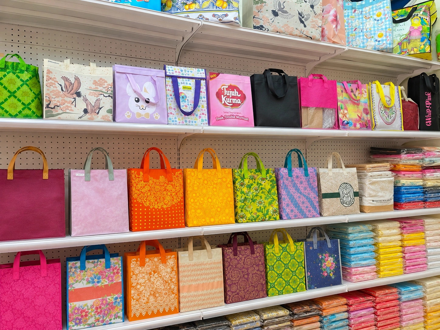 Beragam koleksi tas spunbond, tas motif, goodie bag, dan tas kemasan tersedia di showroom Althea Ecobag Jakarta.