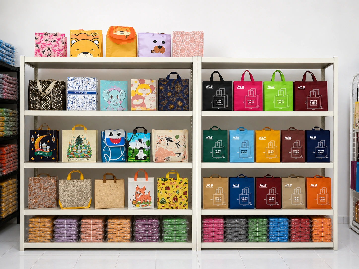 Koleksi tas spunbond polos, tas motif, dan goodie bag custom yang tersedia di showroom Althea Ecobag Makassar.