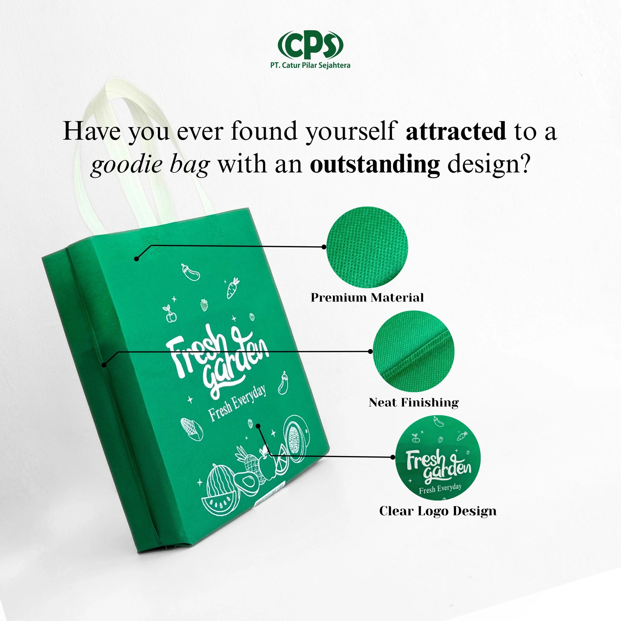 Goodie bag spunbond hijau dengan material premium, finishing rapi, dan cetak logo jelas untuk kebutuhan branding campaign.