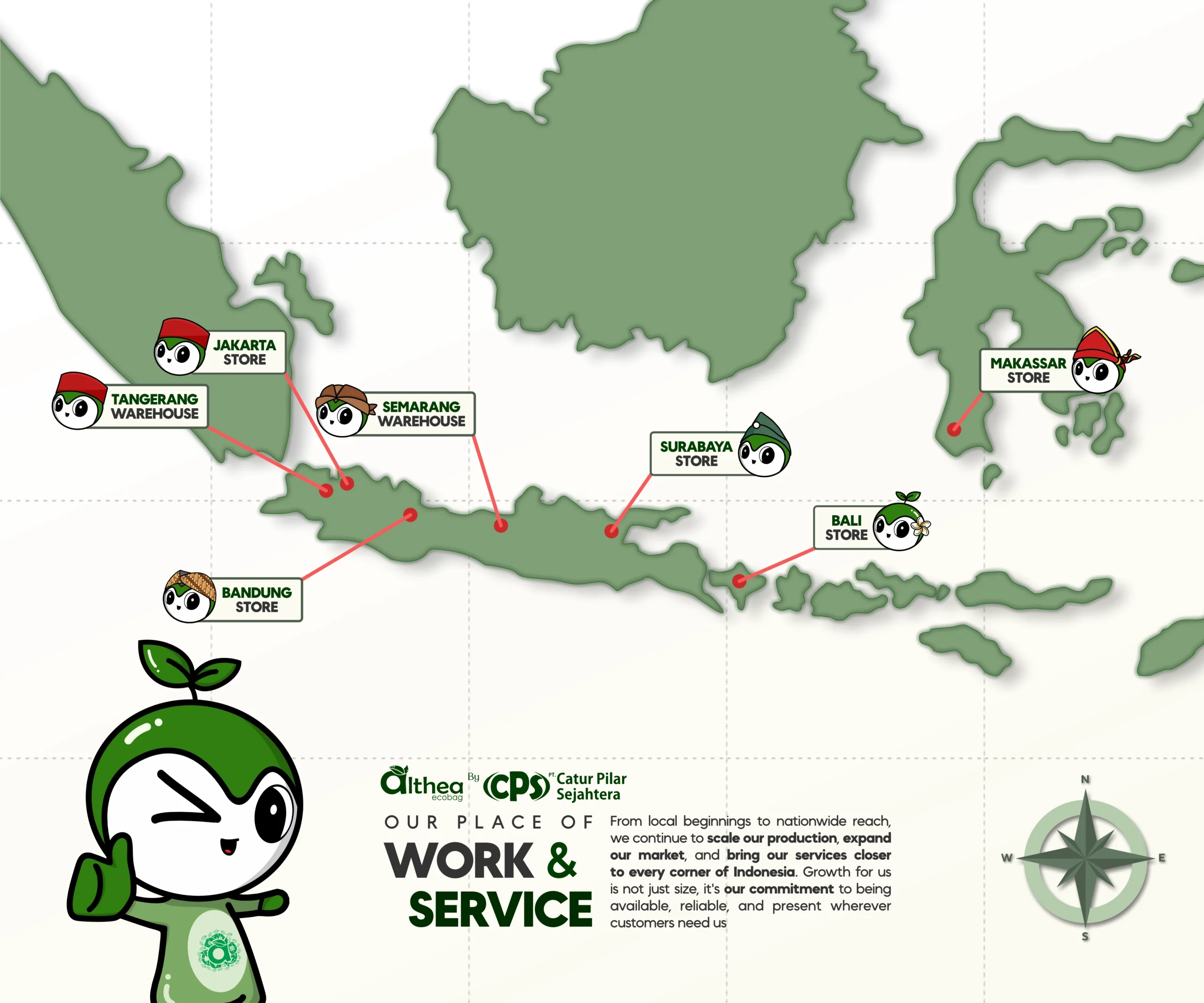 Peta jaringan kantor pusat dan cabang Althea Ecobag di Surabaya, Jakarta, Bandung, Semarang, Bali, dan Makassar.