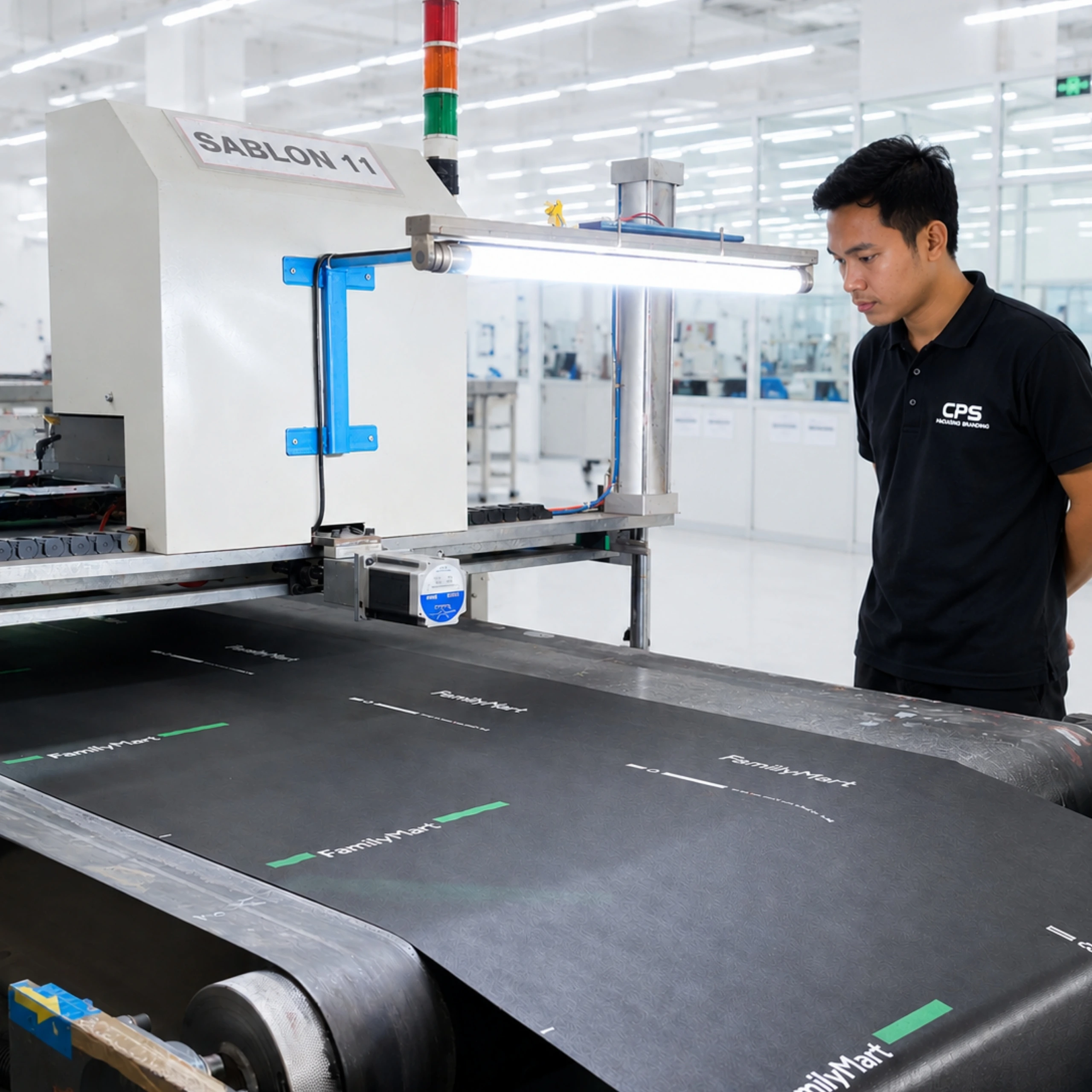 Operator Althea Ecobag mengawasi proses sablon material tas menggunakan mesin produksi.