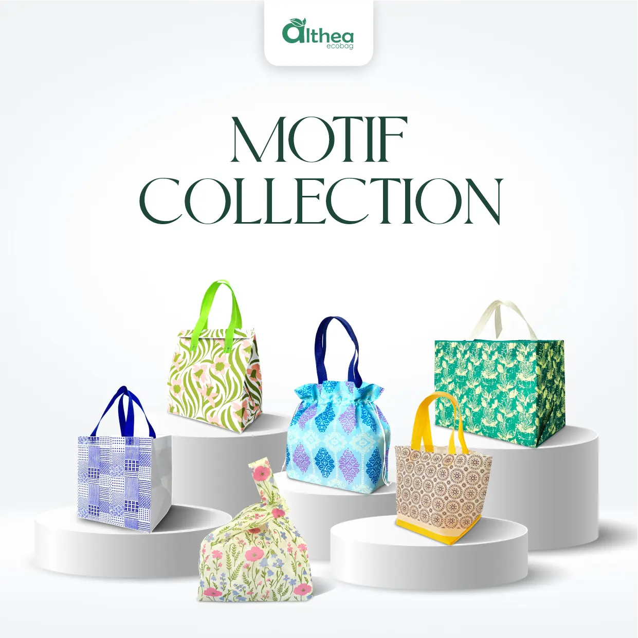Koleksi tas spunbond Ready to Use dengan berbagai motif dan corak untuk acara, souvenir, dan packaging.