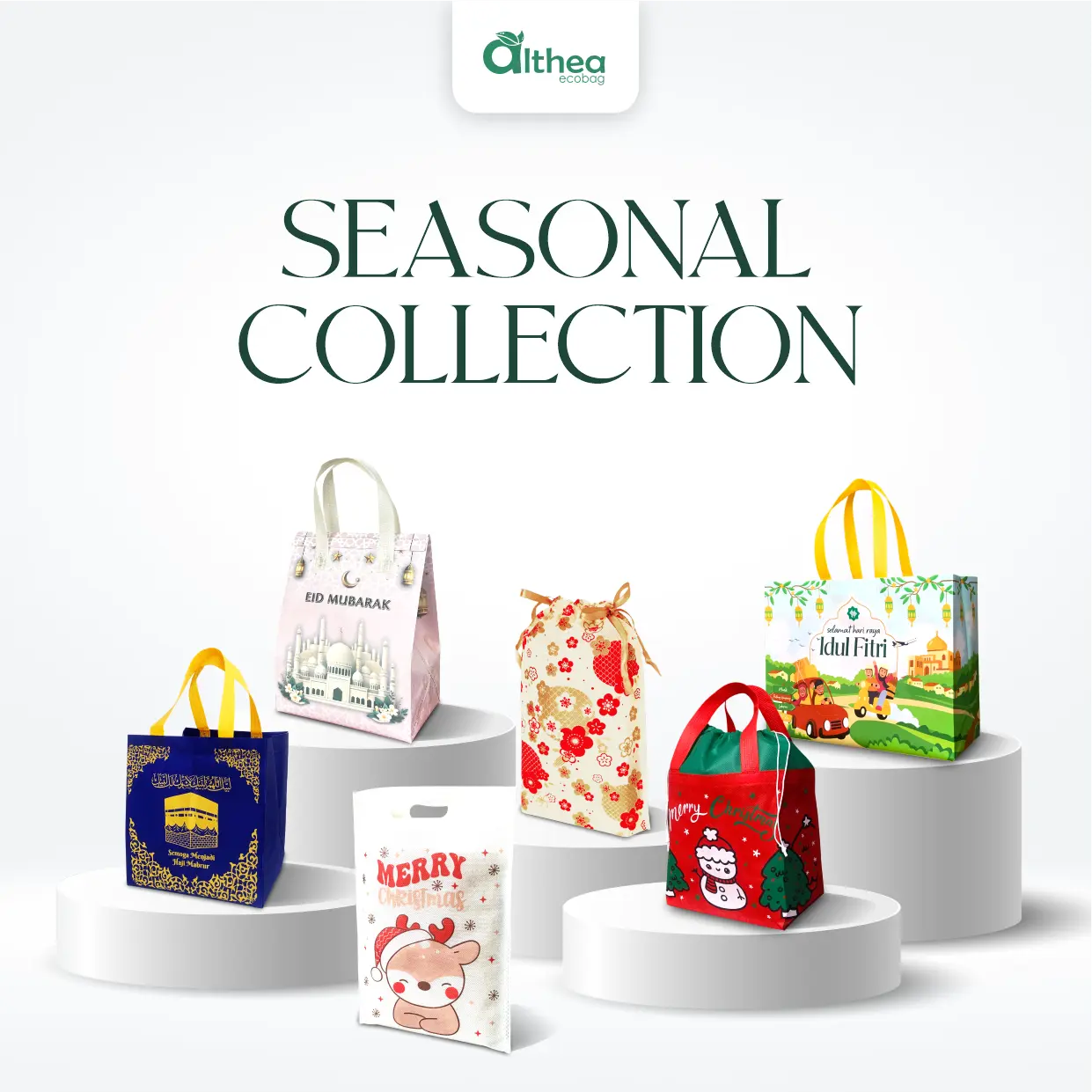 Koleksi tas spunbond Ready to Use bertema Idul Fitri, Natal, Imlek, dan berbagai hari besar.