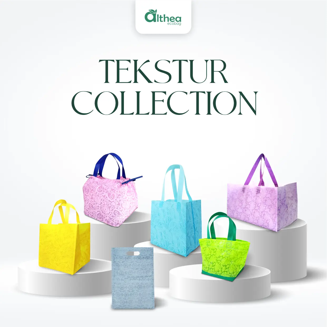 Koleksi tas spunbond Ready to Use dengan pilihan tekstur, model, dan warna dari Althea Ecobag.