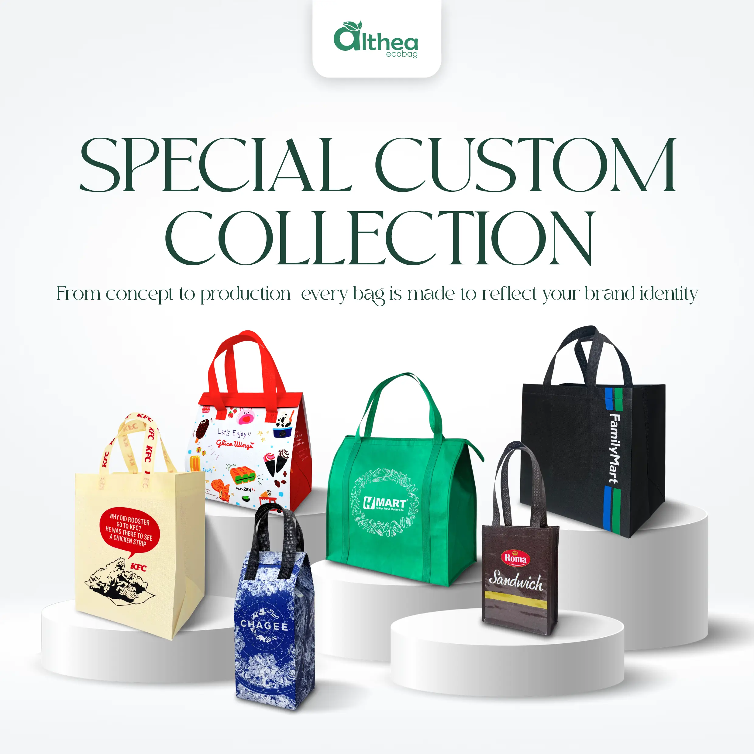 Koleksi tas spunbond Special Custom dengan ukuran, material, warna, dan desain yang disesuaikan untuk kebutuhan brand.