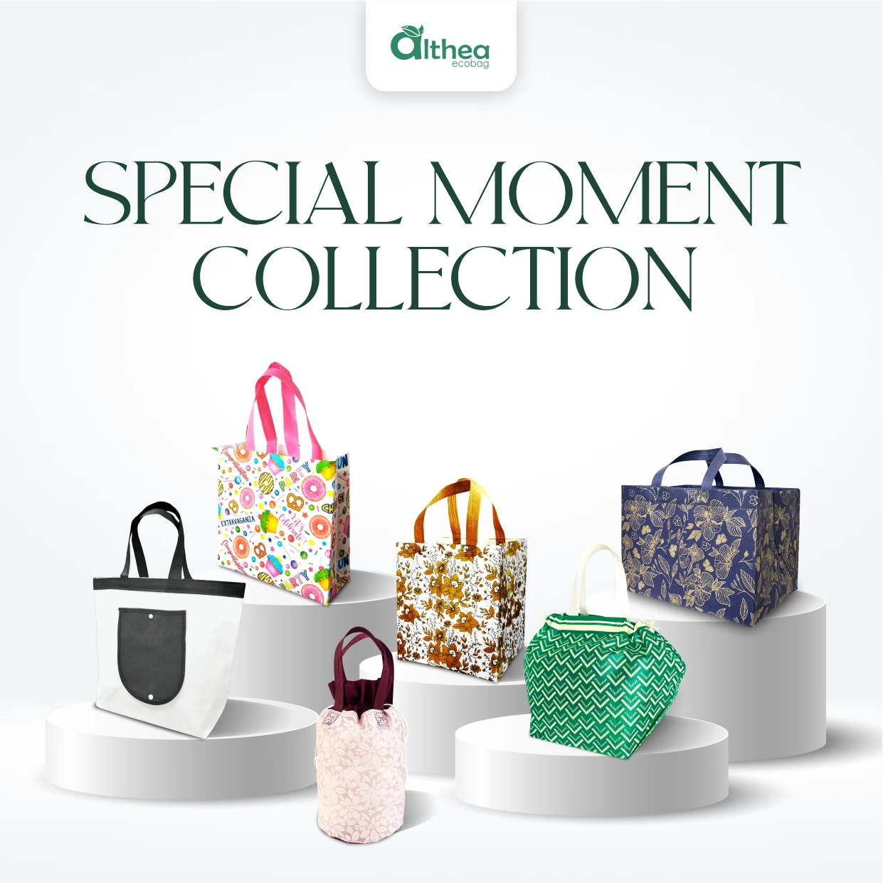 Special Moment Collection Althea Ecobag dengan pilihan tote bag, goodie bag, tas kotak, dan tas serut bermotif