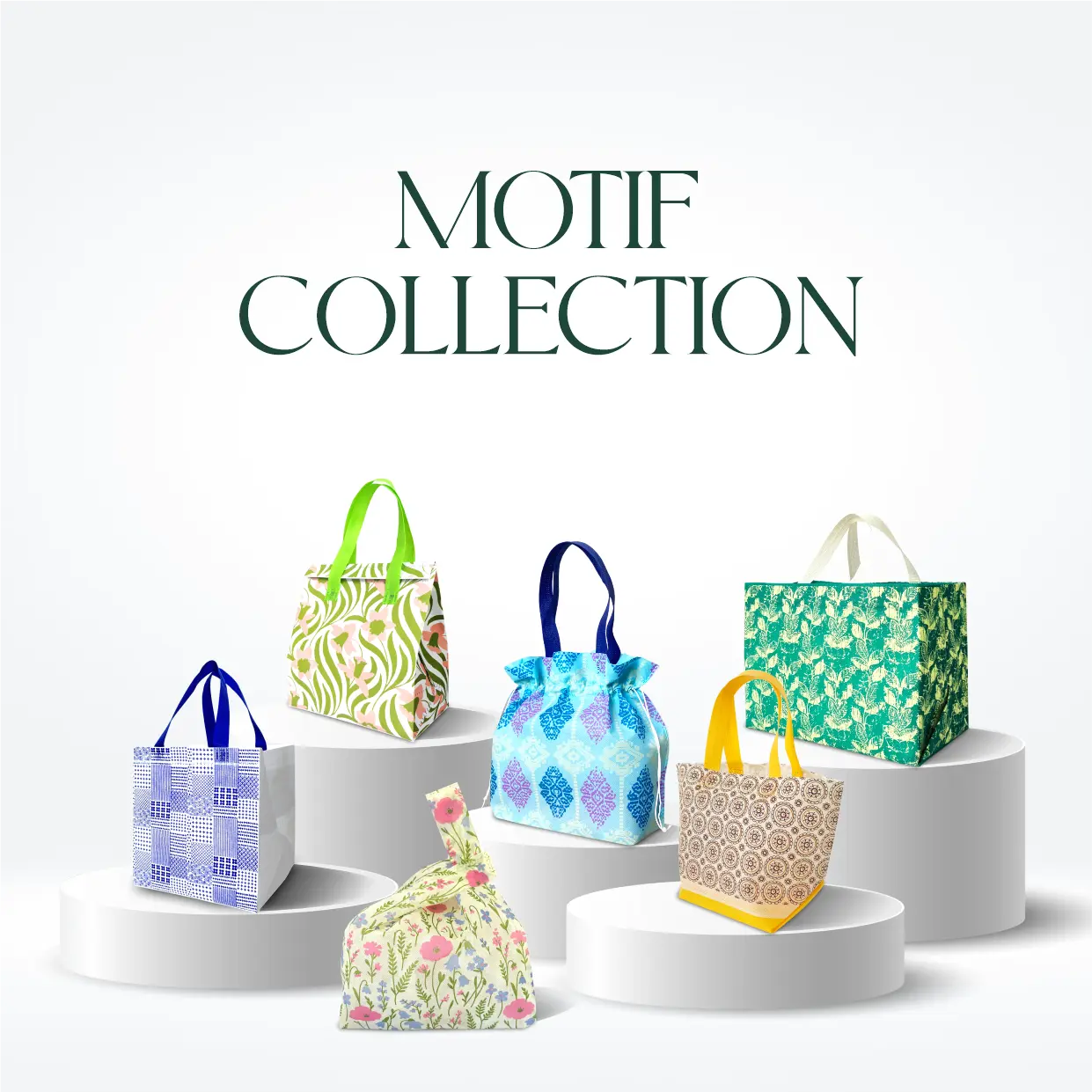 Pilihan tas spunbond Ready to Use dengan motif floral, geometris, dan corak dekoratif.