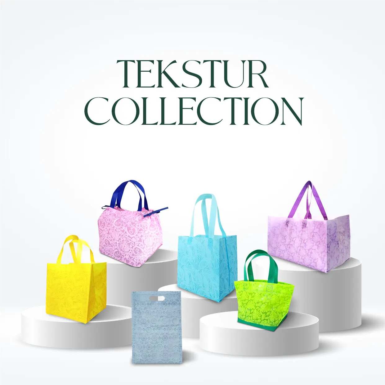 Pilihan tas spunbond Ready to Use dengan beragam tekstur, warna, dan bentuk tas.