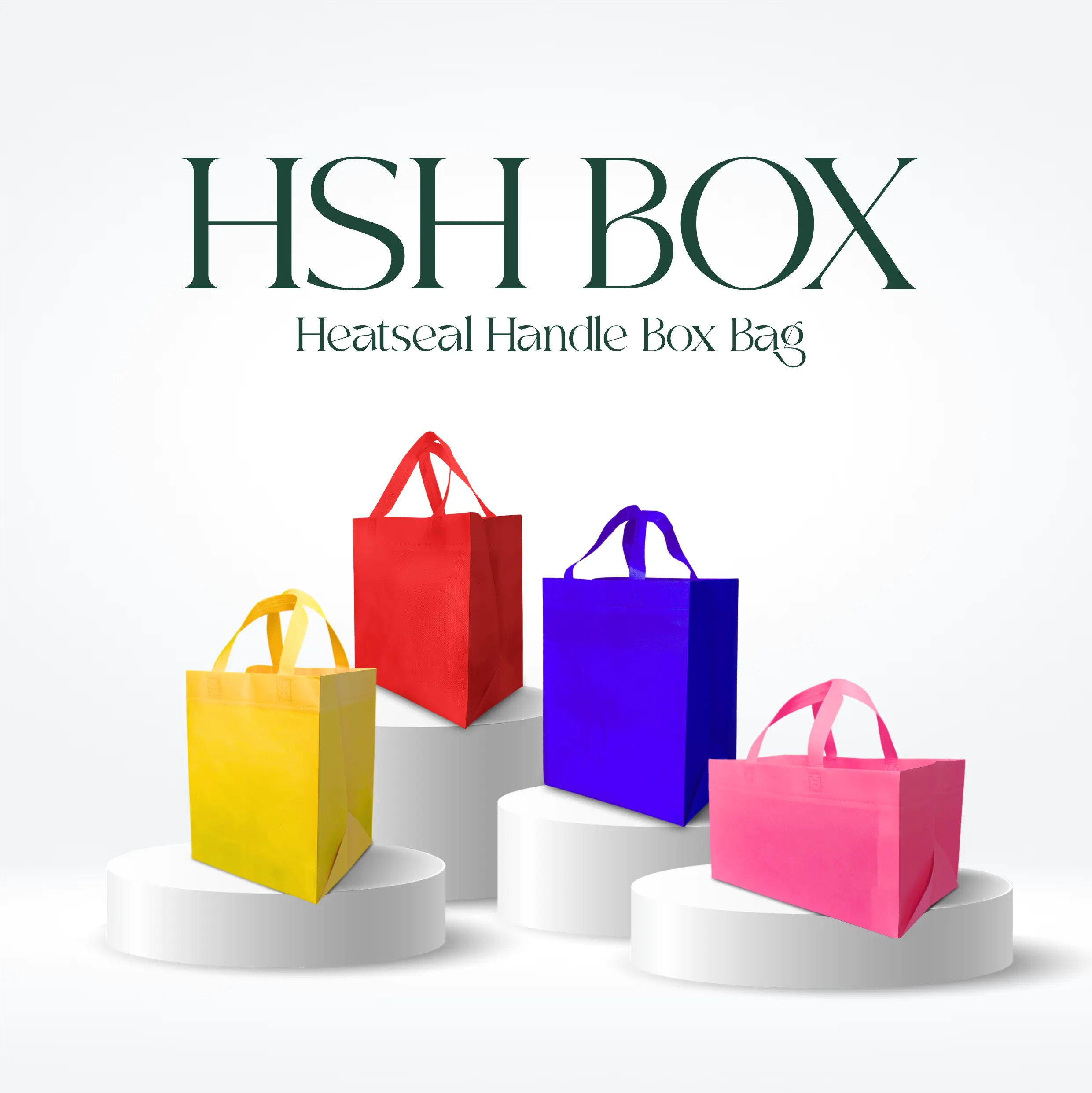 Tas Spunbond HSH BOX (Heatseal Handle Box Bag) dengan desain box dan handle untuk kemasan premium.
