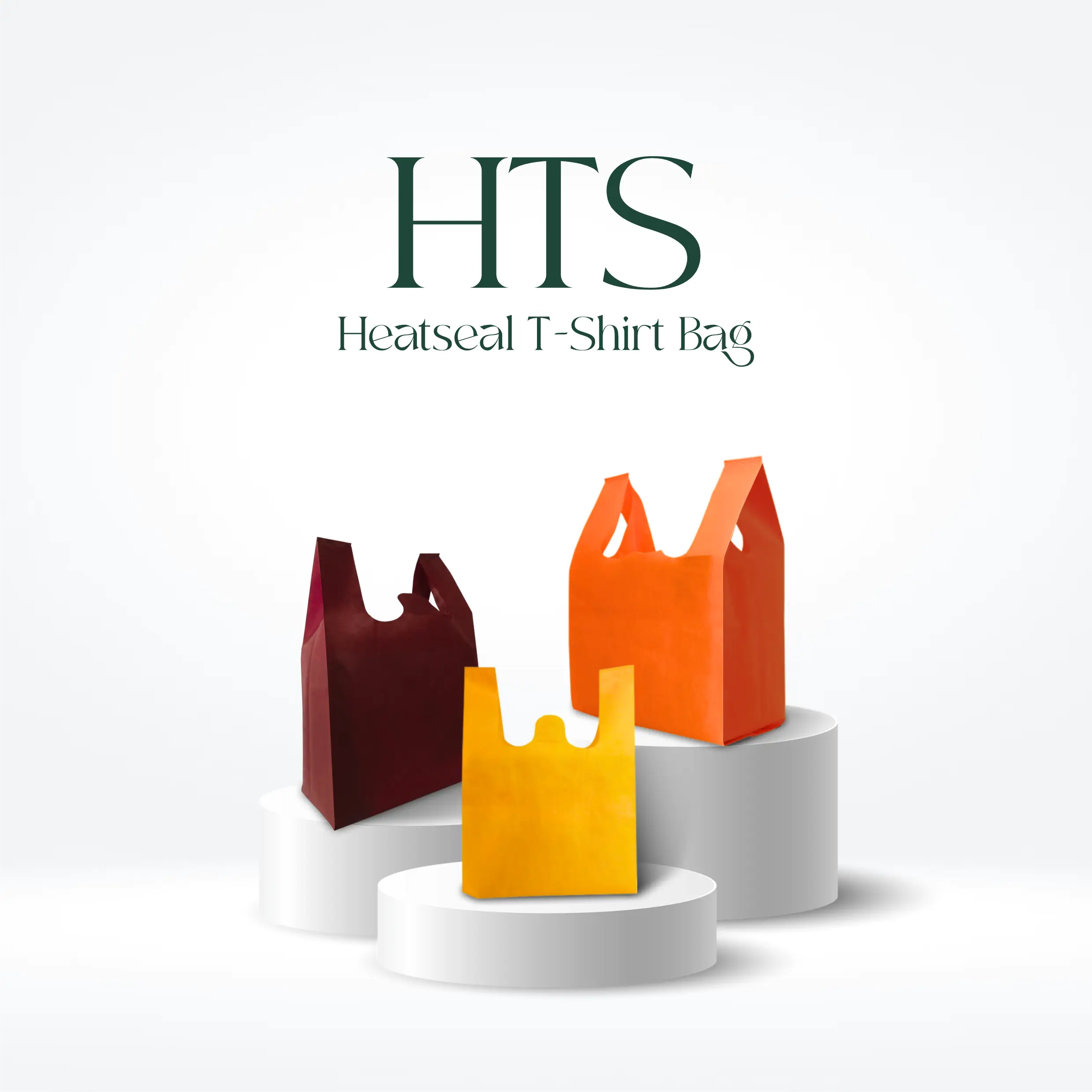 Tas Spunbond HTS (Heatseal T-Shirt Bag) dengan model kantong belanja yang kuat dan praktis.