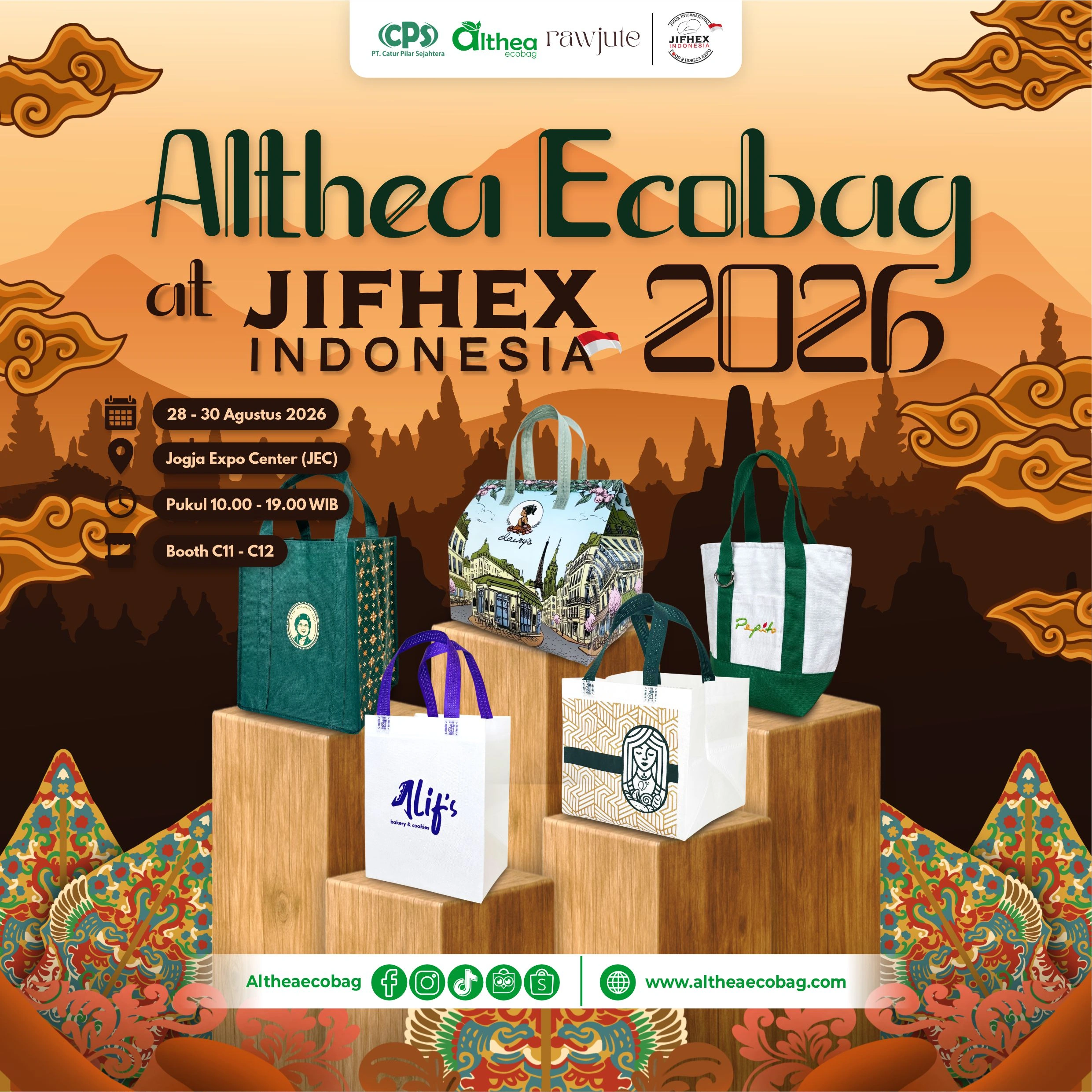 Althea Ecobag di JIFHEX Indonesia 2026 Jogja Expo Center, 28–30 Agustus 2026, menampilkan tas custom di Booth C11–C12.
