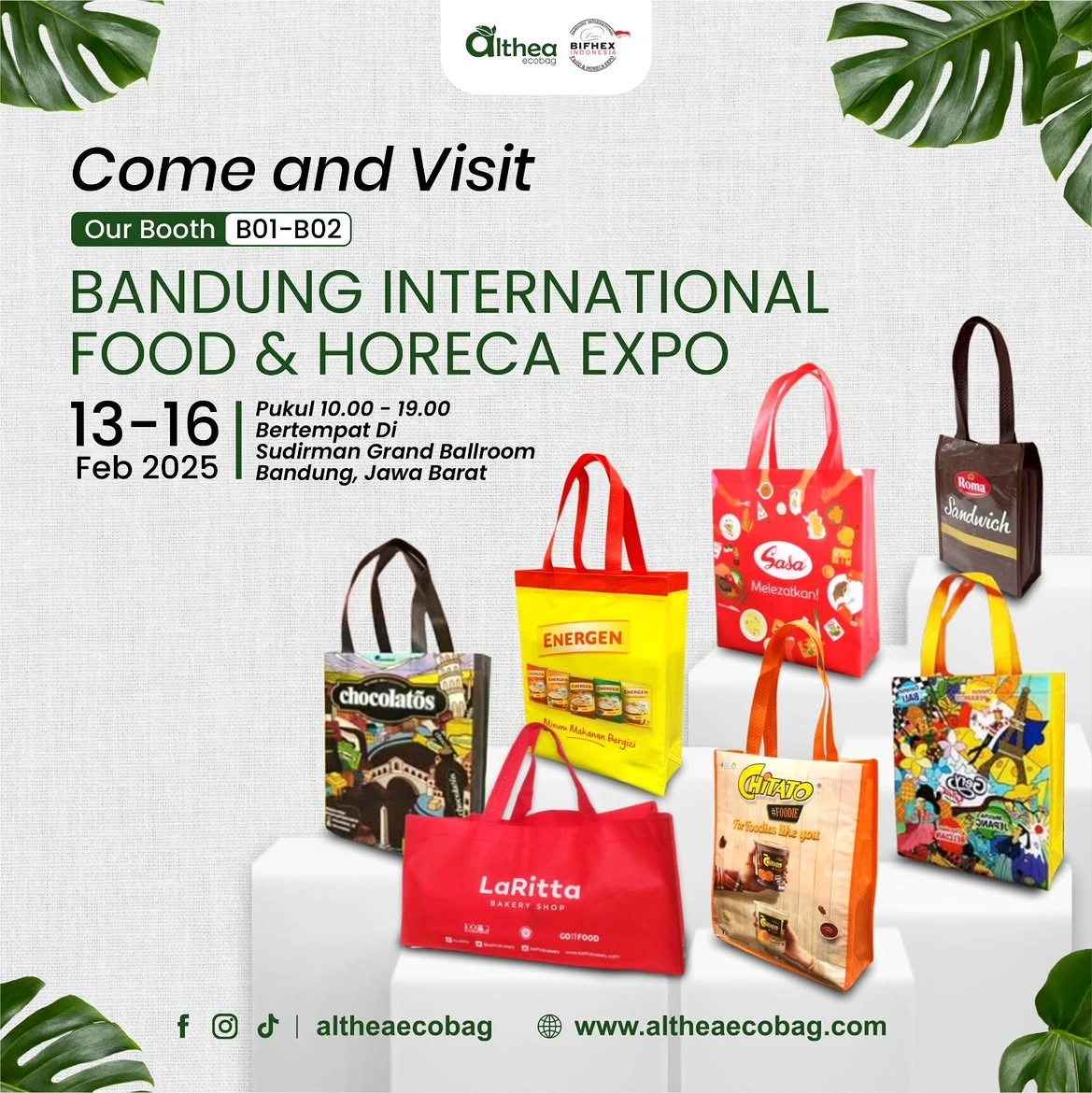 Poster kehadiran Althea Ecobag di BIFHEX 2025 Booth B01-B02 di Sudirman Grand Ballroom Bandung pada 13–16 Februari 2025.