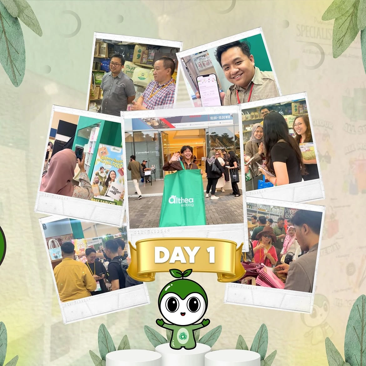 Kolase aktivitas hari pertama di Booth AE35-36 Althea Ecobag pada ALL FOOD INDONESIA 2025, menampilkan konsultasi packaging, interaksi pengunjung, dan pembagian tas promosi di ICE BSD Tangerang.