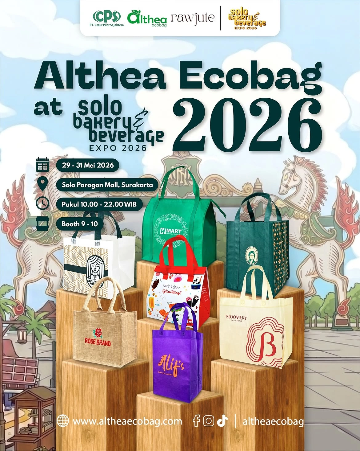Poster kehadiran Althea Ecobag di Solo Bakery & Beverage Expo 2026 pada 29–31 Mei 2026 di Solo Paragon Mall Surakarta, Booth 9–10.