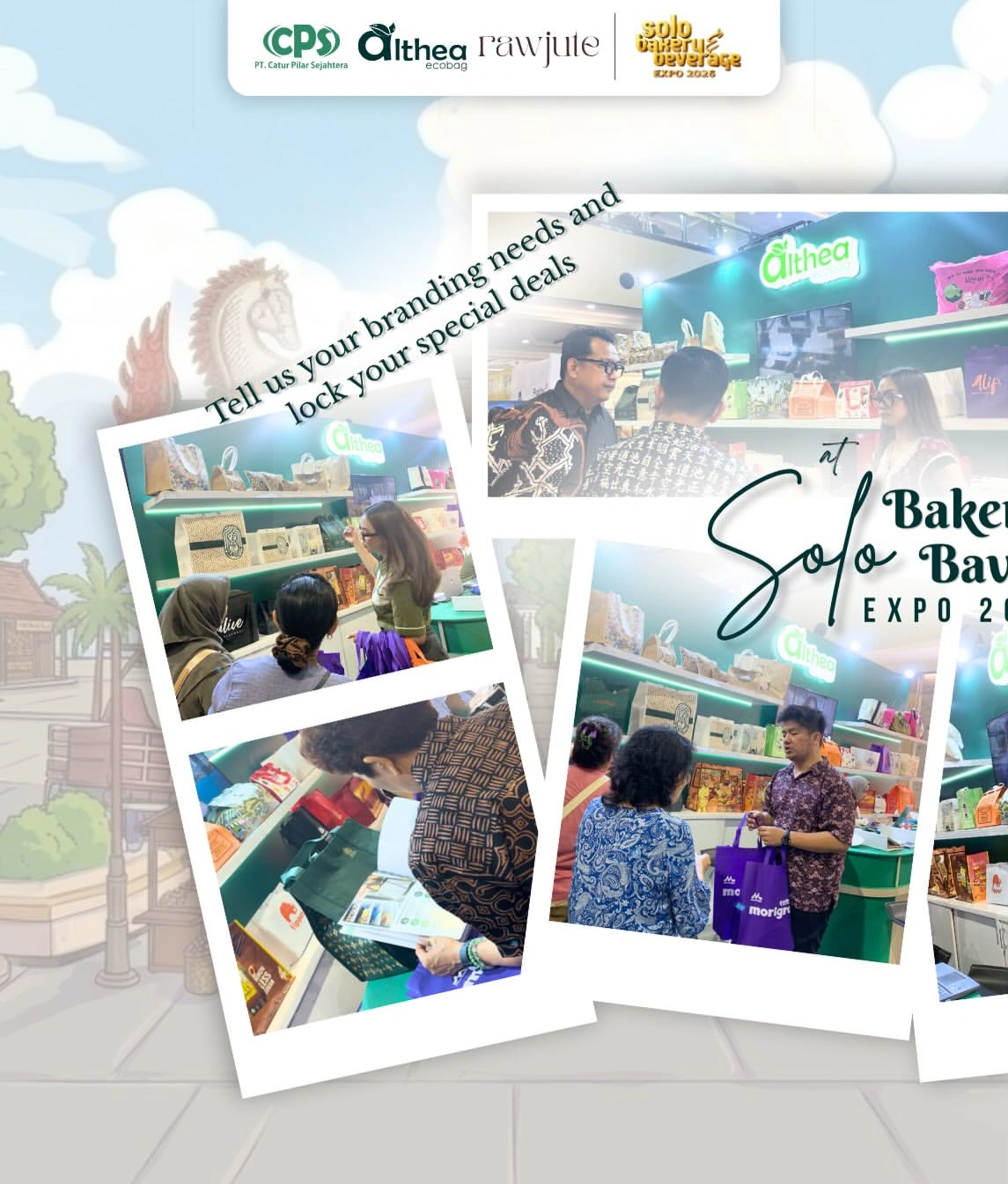 Kolase konsultasi pengunjung dengan tim Althea Ecobag di Solo Bakery & Beverage Expo 2026 untuk membahas kebutuhan branding dan packaging.