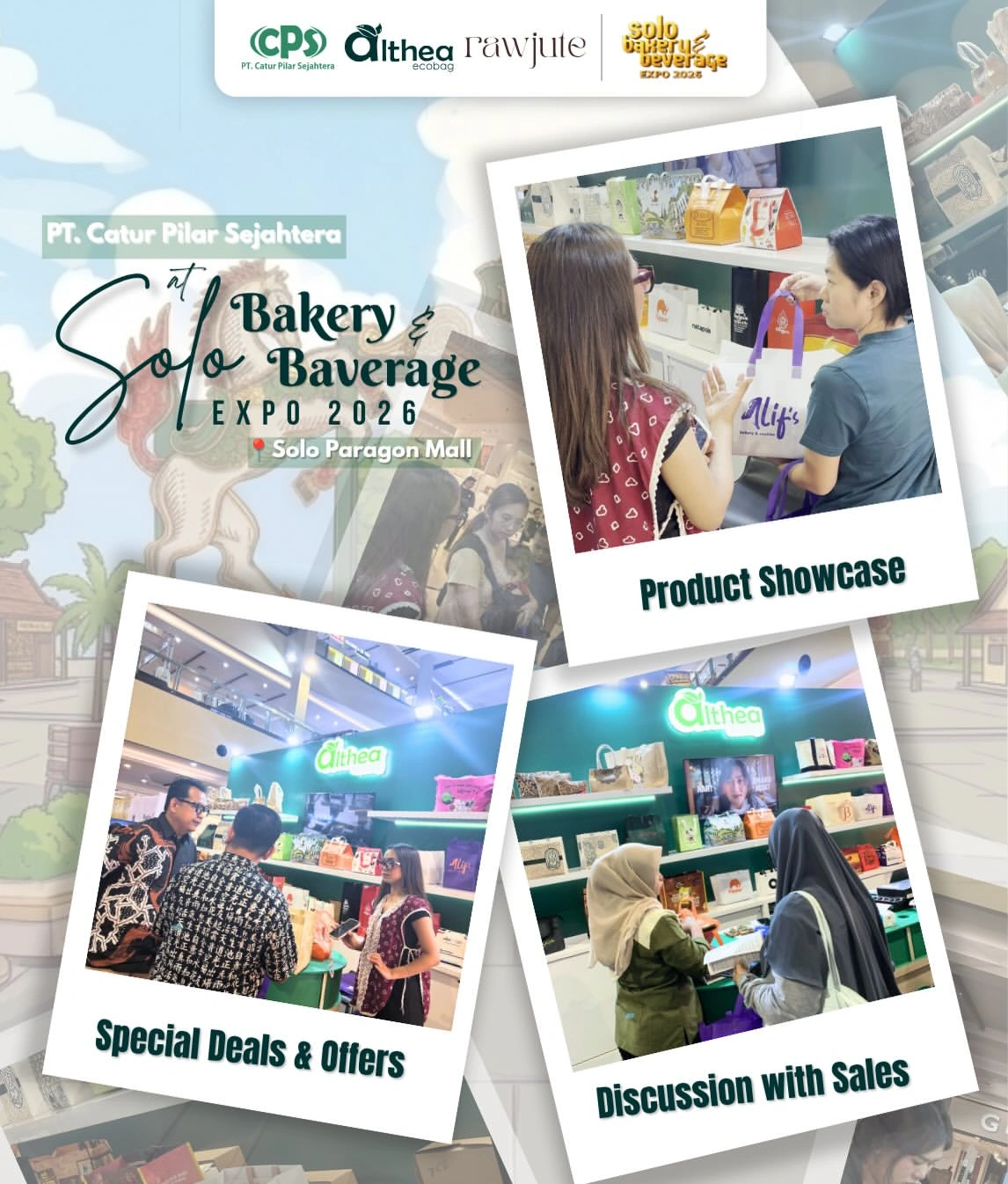 Kolase booth Althea Ecobag di Solo Bakery & Beverage Expo 2026 yang menampilkan display produk dan pengunjung yang mengeksplorasi kualitas tas custom.