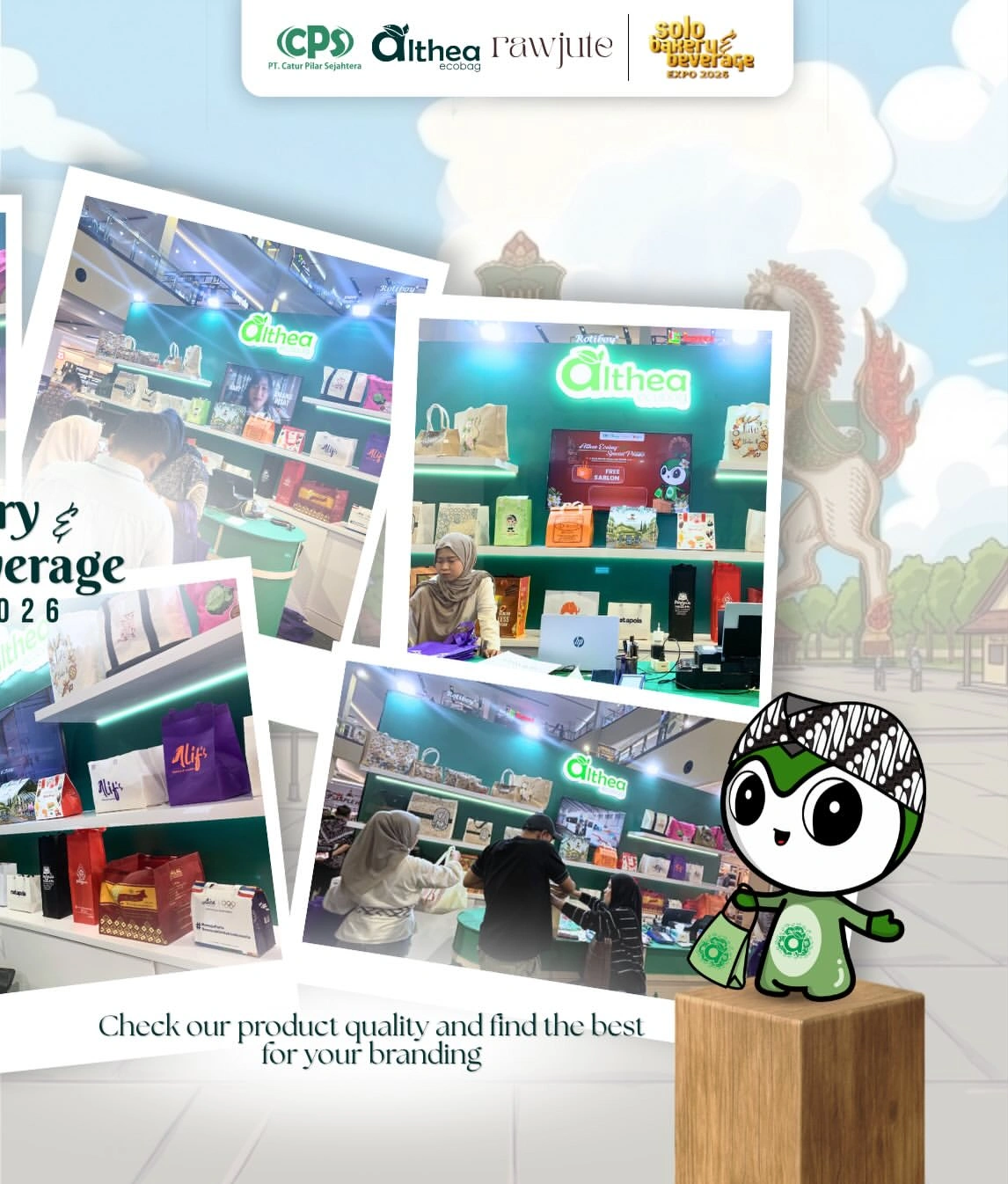 Kolase product showcase, special exhibition deals, dan diskusi bersama Sales Althea Ecobag di Solo Bakery & Beverage Expo 2026.