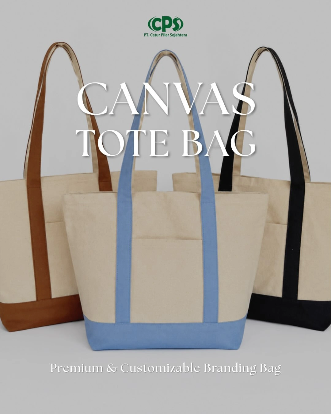 Canvas tote bag custom untuk branding bisnis dengan pilihan warna, ukuran, printing, dan embroidery.