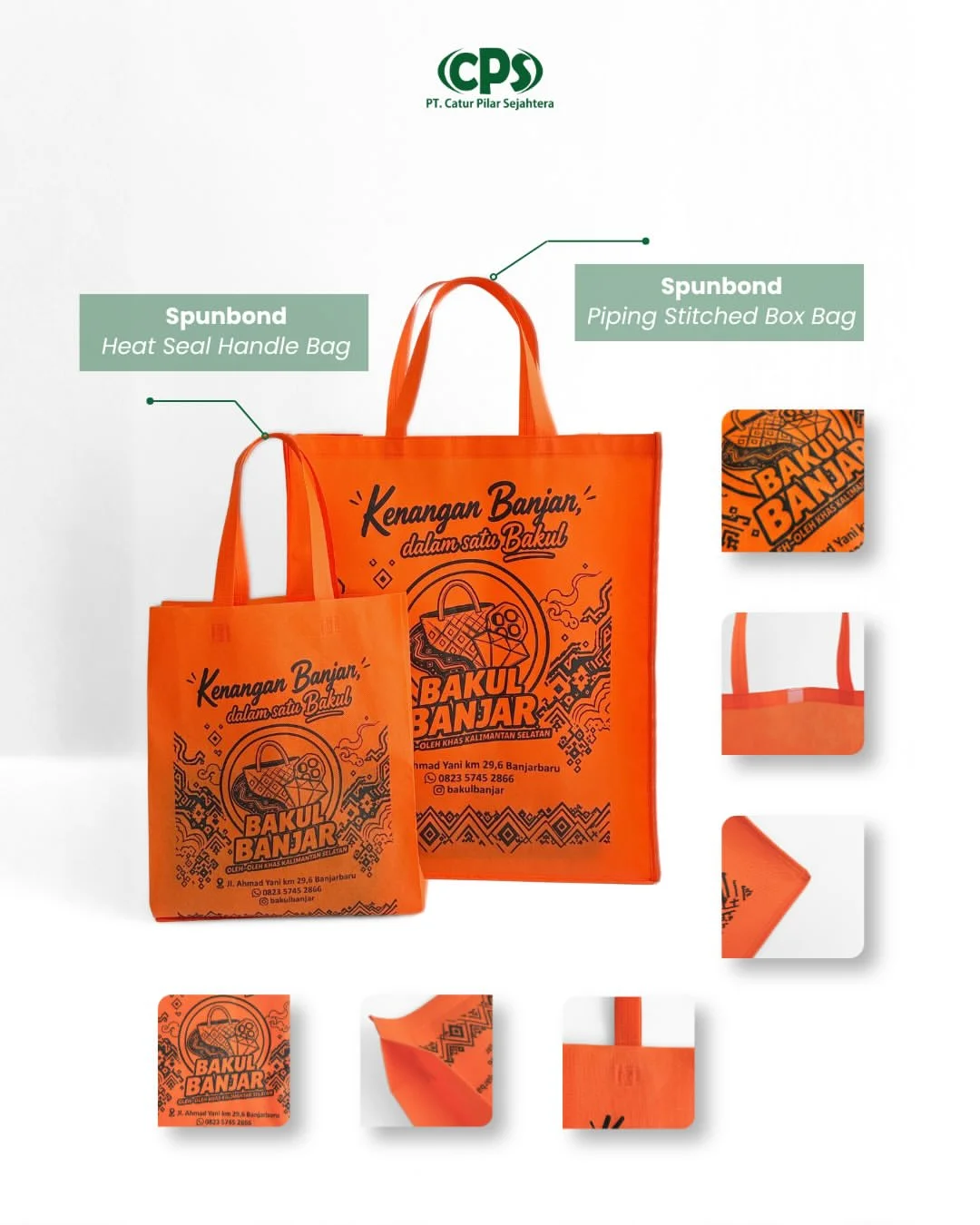 Heat seal handle bag dan piping stitched box bag custom untuk packaging oleh-oleh dan branding.