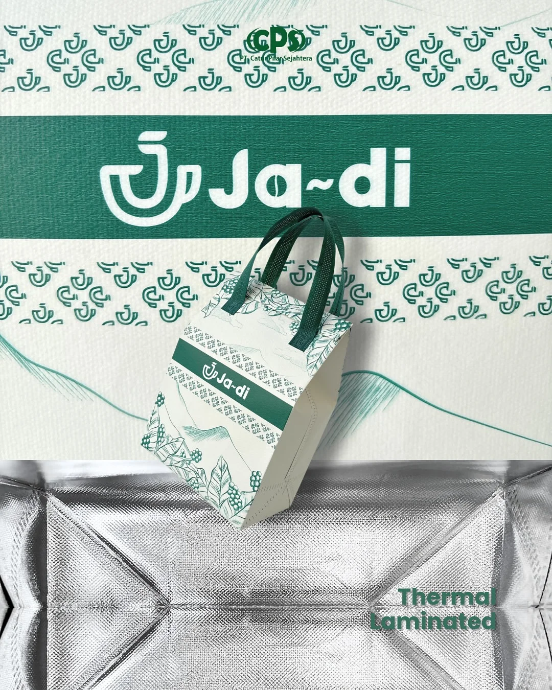 Thermal laminated bag custom untuk coffee shop dengan laminated surface, custom printing, dan insulated layer.