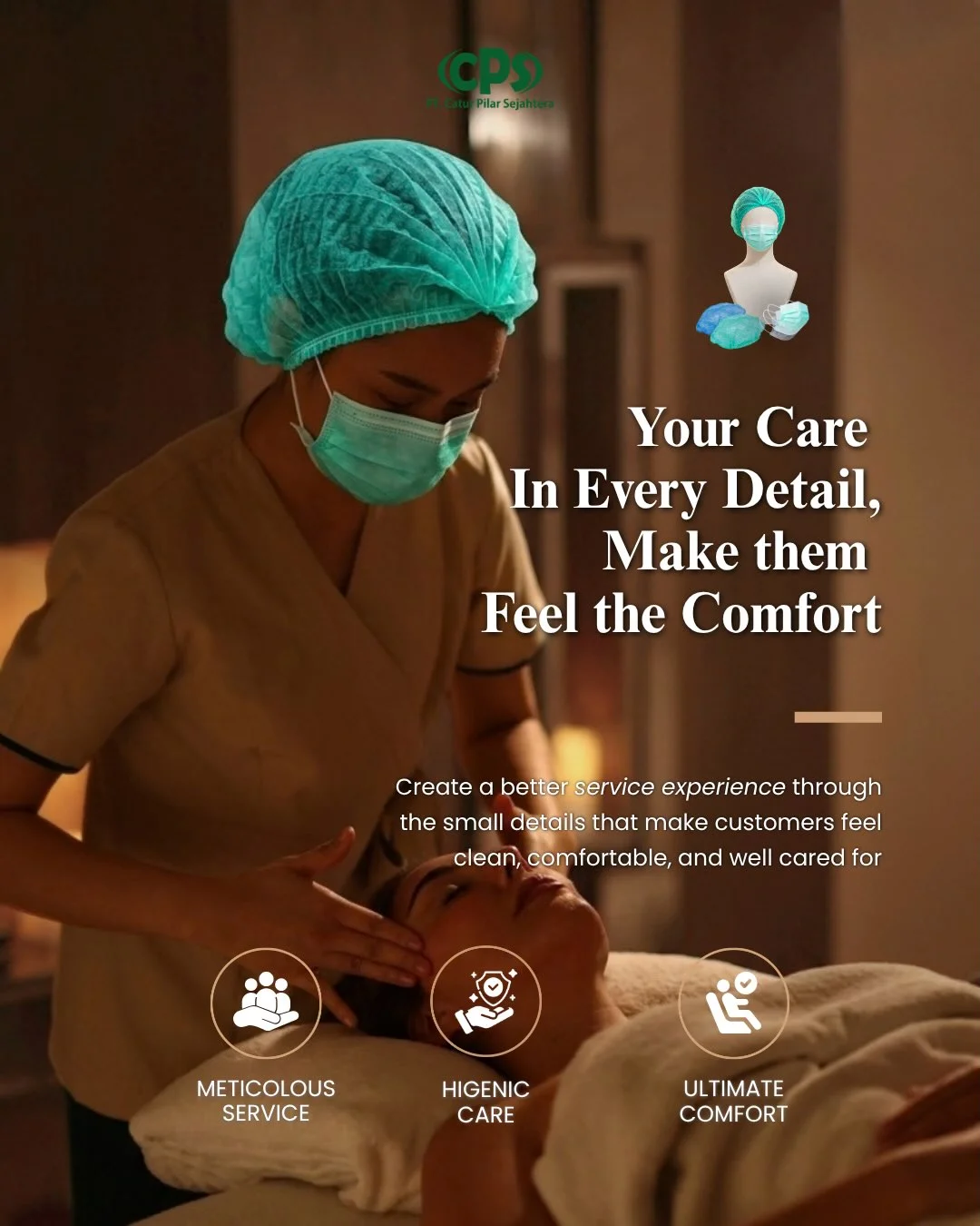 Therapist menggunakan Nurse Cap dan Daily Earloop Mask sebagai bagian dari spa essentials untuk mendukung hygiene dan customer comfort.